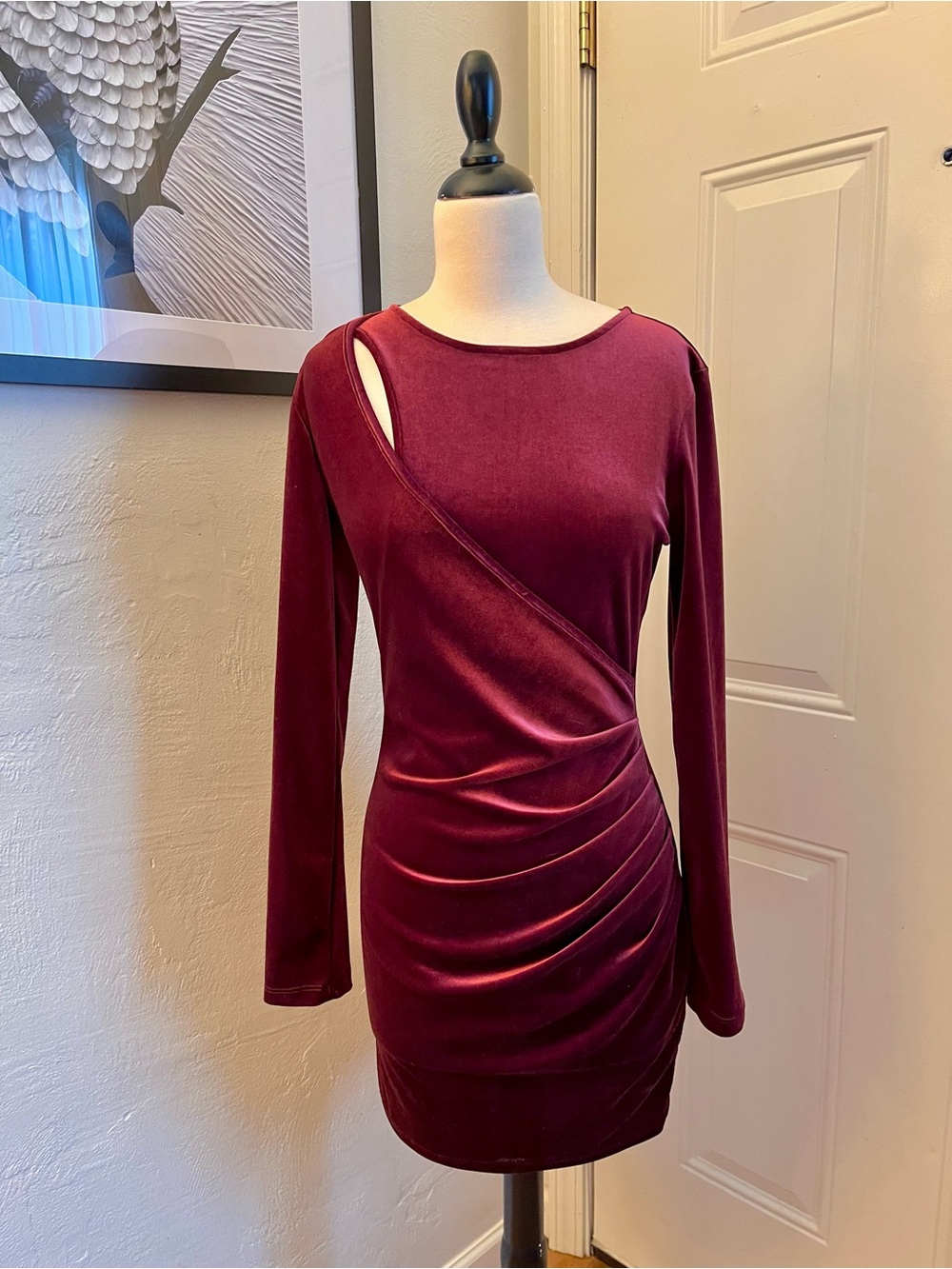 Women's Burgundy Velvet Ruched Long Sleeve Dress